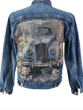 Mixed Media Vintage Car And Floral Jean Jacket
